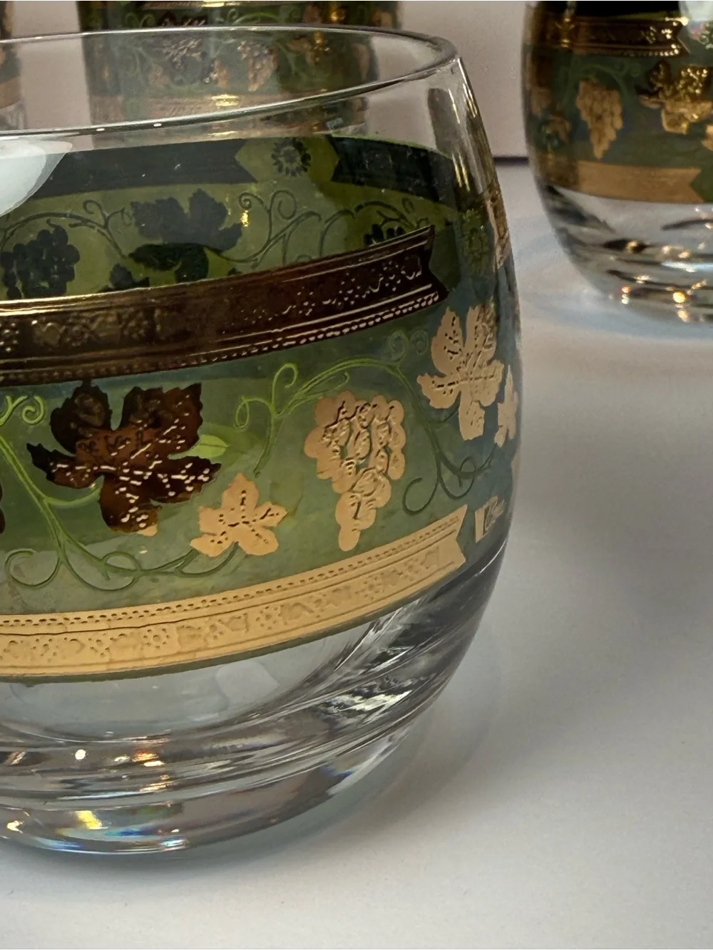 Vintage Green Cera Glass Golden Grapes  Barware Set of 5- MCM